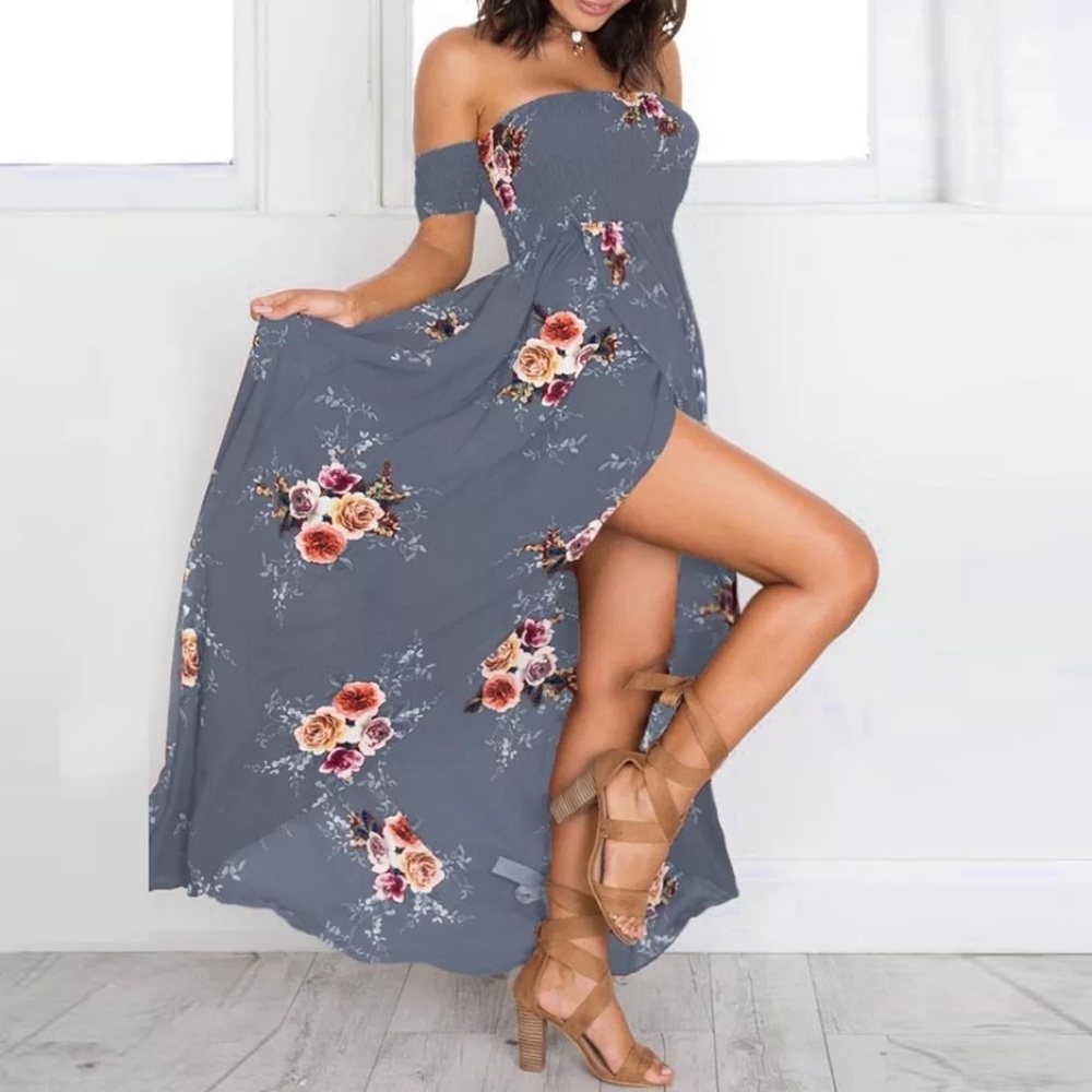Floral Gray Summer Sun Wrap Hi-Low Dress